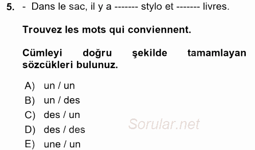 Fransızca 1 2017 - 2018 Dönem Sonu Sınavı 5.Soru