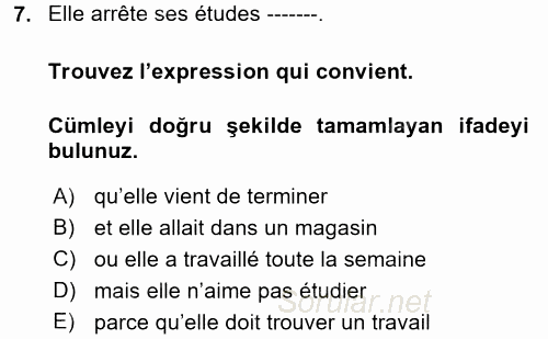 Fransızca 1 2017 - 2018 Dönem Sonu Sınavı 7.Soru