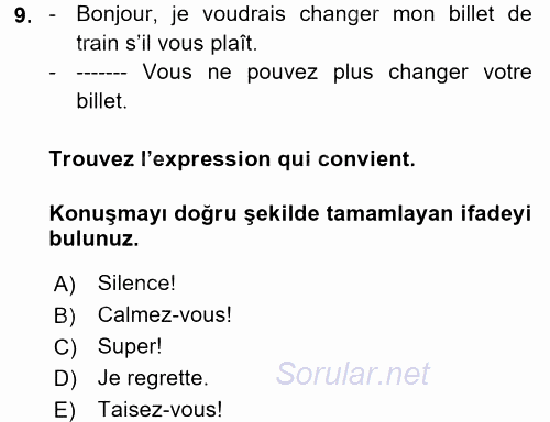 Fransızca 1 2017 - 2018 Dönem Sonu Sınavı 9.Soru