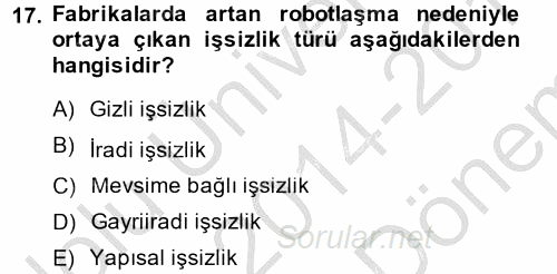 Çalışma Psikolojisi 2014 - 2015 Dönem Sonu Sınavı 17.Soru