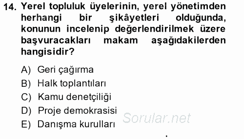 Yerel Yönetimler 2014 - 2015 Dönem Sonu Sınavı 14.Soru
