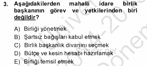 Yerel Yönetimler 2014 - 2015 Dönem Sonu Sınavı 3.Soru