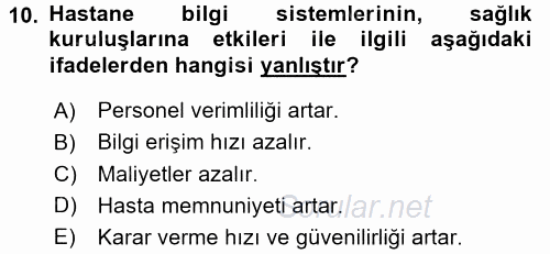 Sağlık Kurumlarında Bilgi Sistemleri 2016 - 2017 Dönem Sonu Sınavı 10.Soru