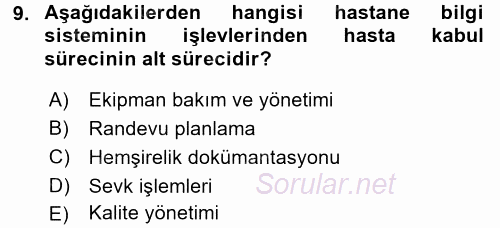 Sağlık Kurumlarında Bilgi Sistemleri 2016 - 2017 Dönem Sonu Sınavı 9.Soru