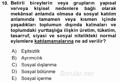 Sosyal Politika 2016 - 2017 3 Ders Sınavı 10.Soru