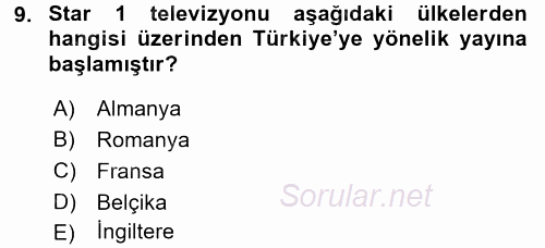 Radyo ve Televizyon Yayıncılığı 2017 - 2018 Ara Sınavı 9.Soru