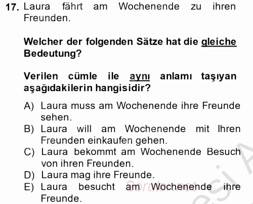 Almanca 2 2013 - 2014 Ara Sınavı 17.Soru