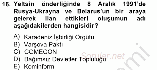 Siyasi Tarih 2012 - 2013 Dönem Sonu Sınavı 16.Soru
