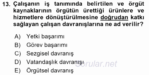 Örgütsel Davranış 2017 - 2018 3 Ders Sınavı 13.Soru