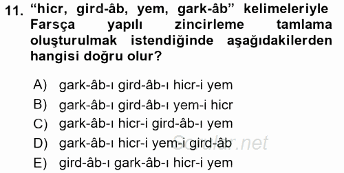 Osmanlı Türkçesi Grameri 2 2017 - 2018 Dönem Sonu Sınavı 11.Soru