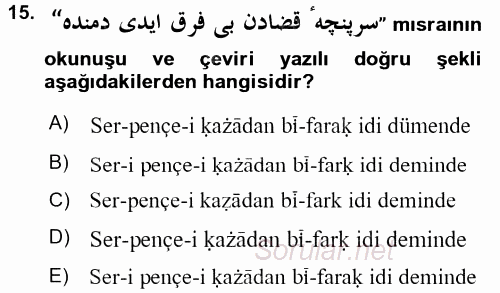 Osmanlı Türkçesi Grameri 2 2017 - 2018 Dönem Sonu Sınavı 15.Soru