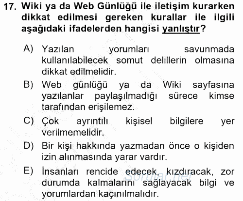 İletişim Bilgisi 2016 - 2017 3 Ders Sınavı 17.Soru