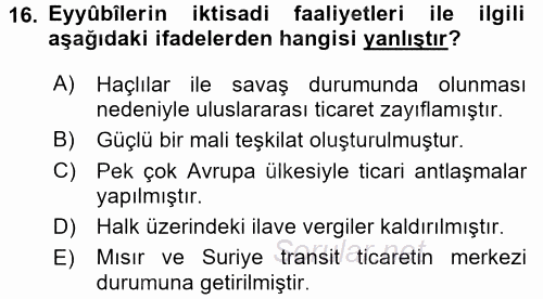 İslam Tarihi ve Medeniyeti 2 2016 - 2017 Ara Sınavı 16.Soru
