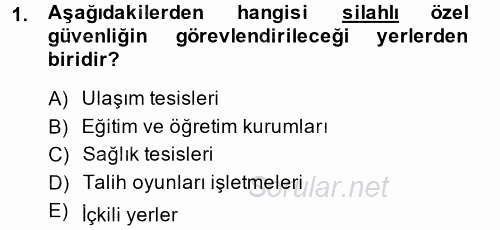 Özel Güvenlik Hizmetlerinde Güvenlik Önlemleri 2014 - 2015 Tek Ders Sınavı 1.Soru