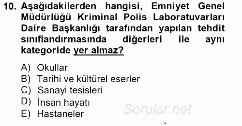 Özel Güvenlik Hizmetlerinde Güvenlik Önlemleri 2014 - 2015 Tek Ders Sınavı 10.Soru