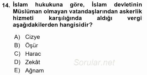 İslam Kurumları ve Medeniyeti 2015 - 2016 Tek Ders Sınavı 14.Soru