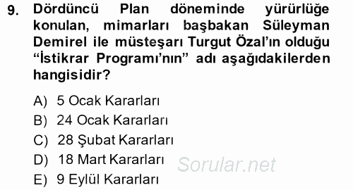 Atatürk İlkeleri Ve İnkılap Tarihi 2 2014 - 2015 Tek Ders Sınavı 9.Soru