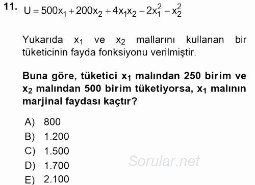 Matematiksel İktisat 2016 - 2017 Dönem Sonu Sınavı 11.Soru