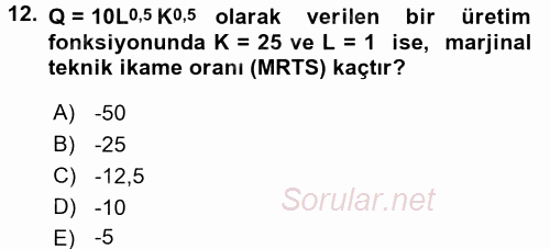Matematiksel İktisat 2016 - 2017 Dönem Sonu Sınavı 12.Soru