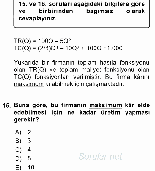 Matematiksel İktisat 2016 - 2017 Dönem Sonu Sınavı 15.Soru