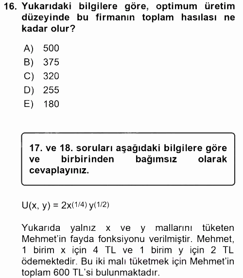 Matematiksel İktisat 2016 - 2017 Dönem Sonu Sınavı 16.Soru