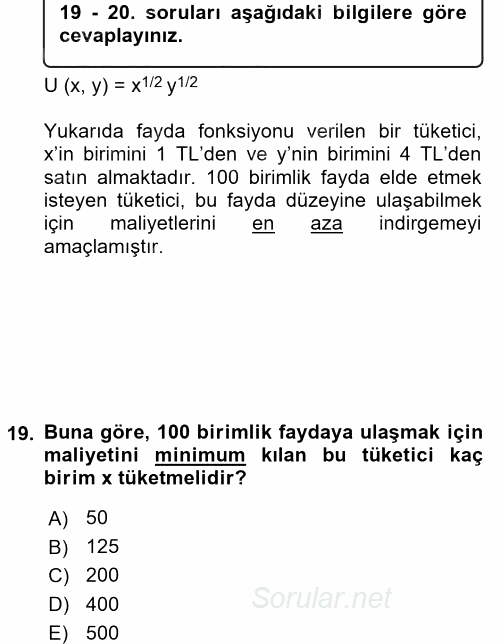 Matematiksel İktisat 2016 - 2017 Dönem Sonu Sınavı 19.Soru