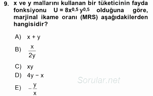 Matematiksel İktisat 2016 - 2017 Dönem Sonu Sınavı 9.Soru