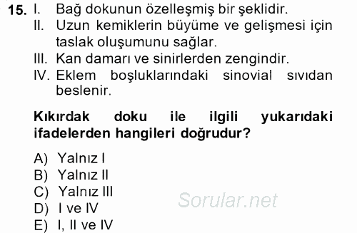 Temel Veteriner Histoloji ve Embriyoloji 2014 - 2015 Ara Sınavı 15.Soru