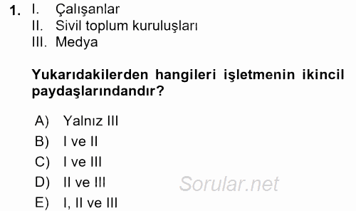 İş Etiği 2017 - 2018 Dönem Sonu Sınavı 1.Soru