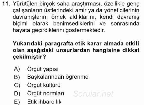 İş Etiği 2017 - 2018 Dönem Sonu Sınavı 11.Soru