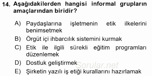 İş Etiği 2017 - 2018 Dönem Sonu Sınavı 14.Soru