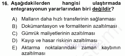 Ulaştırma Sistemleri 2016 - 2017 3 Ders Sınavı 16.Soru
