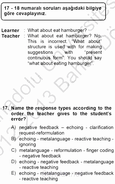 Dilbilgisi Öğretimi 2012 - 2013 Dönem Sonu Sınavı 17.Soru