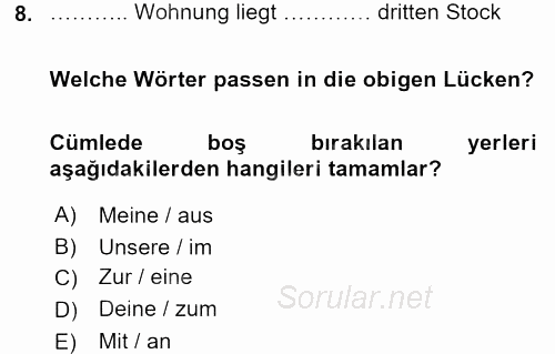 Almanca 1 2015 - 2016 Dönem Sonu Sınavı 8.Soru