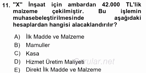 İnşaat ve Gayrimenkul Muhasebesi 2015 - 2016 Ara Sınavı 11.Soru