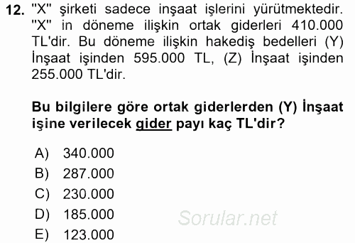 İnşaat ve Gayrimenkul Muhasebesi 2015 - 2016 Ara Sınavı 12.Soru