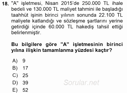 İnşaat ve Gayrimenkul Muhasebesi 2015 - 2016 Ara Sınavı 18.Soru