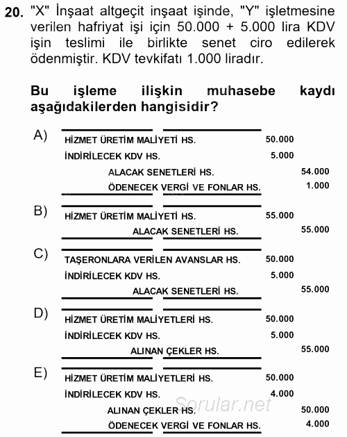 İnşaat ve Gayrimenkul Muhasebesi 2015 - 2016 Ara Sınavı 20.Soru