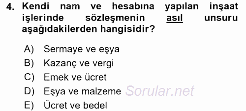 İnşaat ve Gayrimenkul Muhasebesi 2015 - 2016 Ara Sınavı 4.Soru
