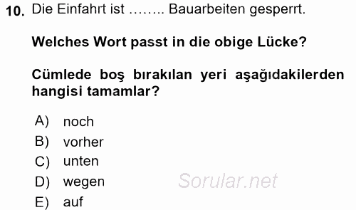 Almanca 2 2016 - 2017 Dönem Sonu Sınavı 10.Soru