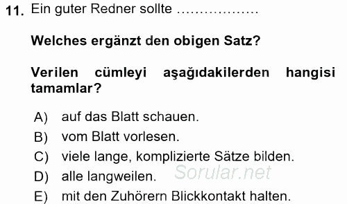 Almanca 2 2016 - 2017 Dönem Sonu Sınavı 11.Soru