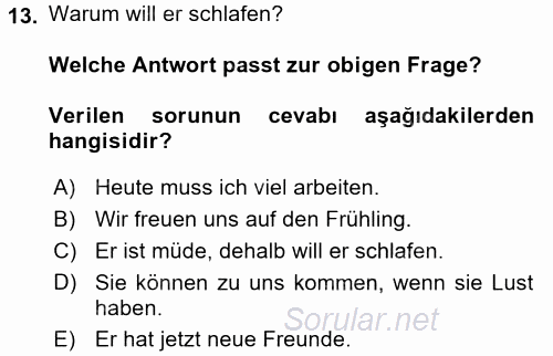 Almanca 2 2016 - 2017 Dönem Sonu Sınavı 13.Soru