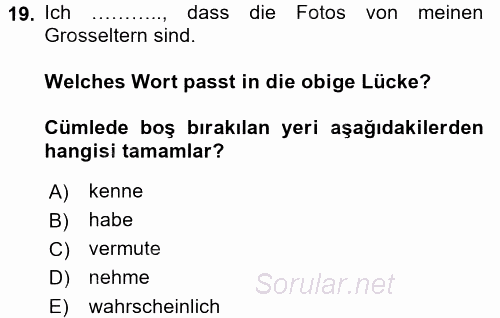 Almanca 2 2016 - 2017 Dönem Sonu Sınavı 19.Soru