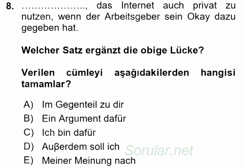 Almanca 2 2016 - 2017 Dönem Sonu Sınavı 8.Soru