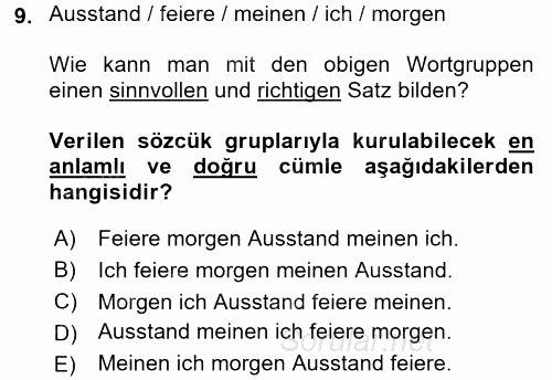 Almanca 2 2016 - 2017 Dönem Sonu Sınavı 9.Soru