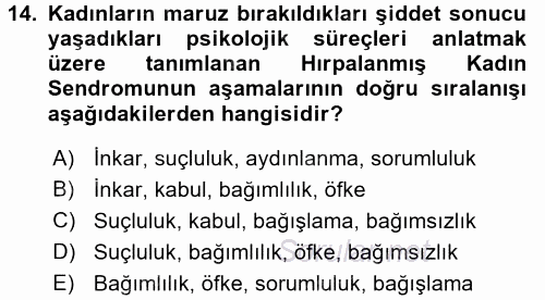 Toplumsal Cinsiyet Çalışmaları 2016 - 2017 Dönem Sonu Sınavı 14.Soru