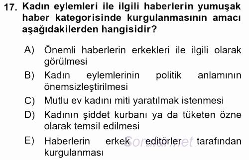 Toplumsal Cinsiyet Çalışmaları 2016 - 2017 Dönem Sonu Sınavı 17.Soru