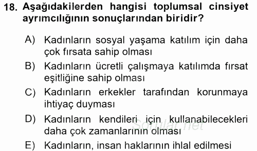 Toplumsal Cinsiyet Çalışmaları 2016 - 2017 Dönem Sonu Sınavı 18.Soru