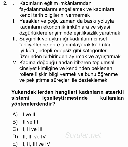 Toplumsal Cinsiyet Çalışmaları 2016 - 2017 Dönem Sonu Sınavı 2.Soru