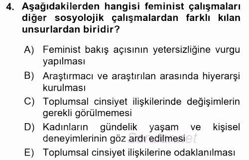 Toplumsal Cinsiyet Çalışmaları 2016 - 2017 Dönem Sonu Sınavı 4.Soru